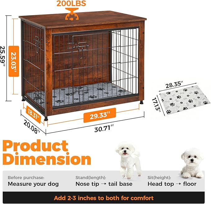 SHAWKEN Wooden & Metal Medium Dog Crate Furniture Indoor with Soft Cushion, Double-Door Dog House, 31.5" L Dog Kennel (Rustic Brown, Medium)