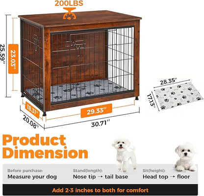 SHAWKEN Wooden & Metal Medium Dog Crate Furniture Indoor with Soft Cushion, Double-Door Dog House, 31.5" L Dog Kennel (Rustic Brown, Medium)