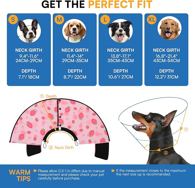 Queenmore Dog Cones for Medium Dogs, Dog Cone Collar After Surgery, Soft Cone for Dogs Wound Care, Spay, Neuter, Breathable Pet Surgery Collars & Cones, Strawberry M