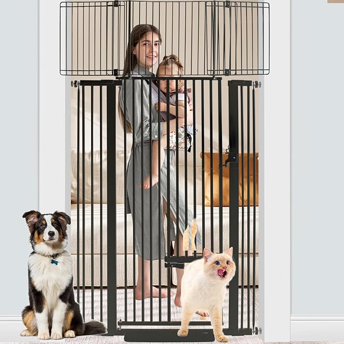SHYUJAJIE 71 Inch Extra Tall Pet Gate with Small Cat Door, 29.55"-40.55" Adjustable Wide Dog Gate, Tall Cats Gates for Doorway, Stairs, House(Black)