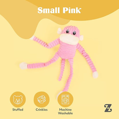 ZippyPaws Crinkle Monkey - Interactive Dog Toys to Keep Them Busy, Squeaky Plush Pet Toy for All Breeds, Cute Gift for Small and Medium Dogs, Contains 1 Round Squeaker - Small, Pink