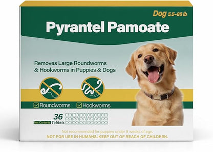 Dog Dewormer Pyrantel Pamoate, Chewable Tablets for Dogs & Puppies, Roundworms & Hookworms, Easy Dosing, 36 Tablets
