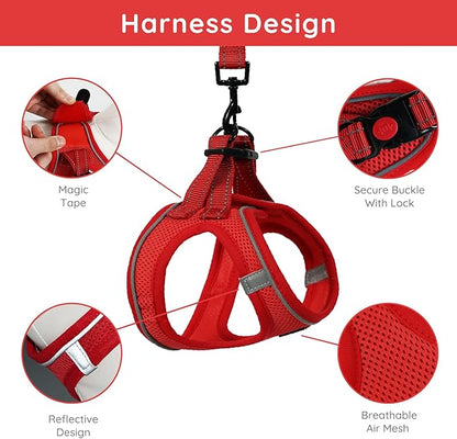 BELLA & PAL Step in Vest Harness for Small and Medium Dogs, No Pull Small Dog Harness with Leash Set, Comfortable Air Mesh Dog Vest Harness with Reflective Strip (Red, XXS)