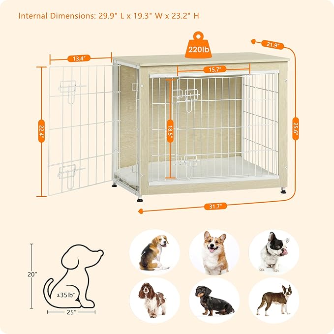 DWANTON Dog Crate Furniture with Cushion, Wooden Kennel Table with Double Doors, Indoor Dog House, Medium Size, 32.5" L, White Oak