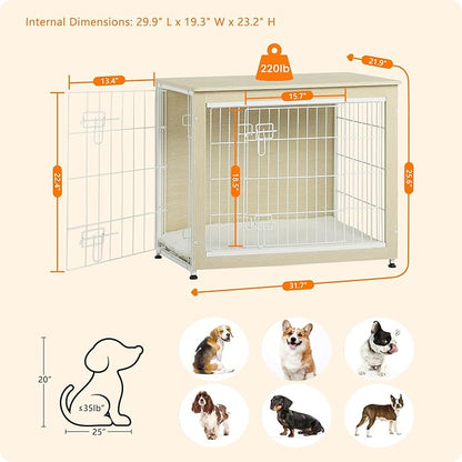 DWANTON Dog Crate Furniture with Cushion, Wooden Kennel Table with Double Doors, Indoor Dog House, Medium Size, 32.5" L, White Oak
