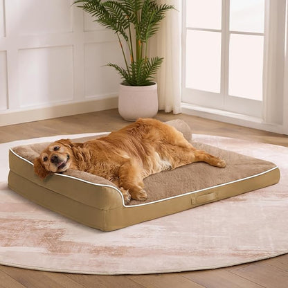 Dog Bed Large Sized Dogs, XXL Orthopedic Dog Bed for Large Dogs, Waterproof Pet Bed with Washable Removable Cover, L-Shaped Pet Couch with Portable Handle 48"x35"x7.5", Camel