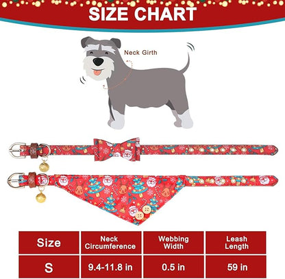 EXPAWLORER Christmas Dog Collar and Leash Set - Adjustable Collars with Bow Tie, Bandana, and Bell for Small, Medium, Large Dogs and Cats - Tangle Free Leash - Perfect for Pets