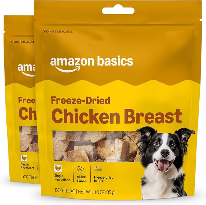 Amazon Basics Dog Treats Freeze Dried Raw Single Ingredient Chicken Breast, High Protein, Healthy Training Treats or Meal Topper for All Dogs, Grain-Free, 3 Oz (Previously Wag) (Pack of 2)