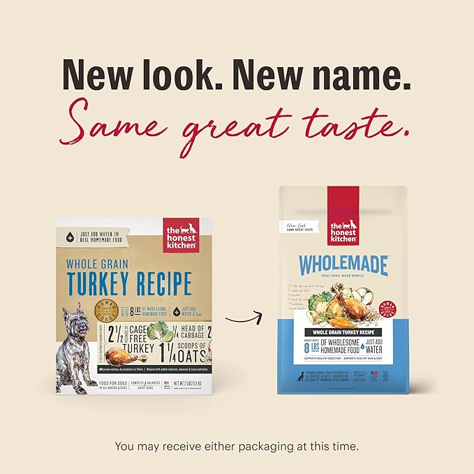 The Honest Kitchen Human Grade Wholemade™ Dehydrated Dog Food, Whole Grain Dog Food, Turkey, 2 lb Bag