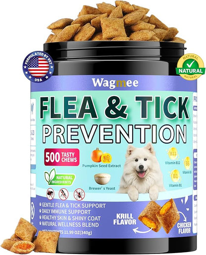 Flea and Tick Prevention for Dogs Chewables – 500 Crunchy & Creamy Tasty Chews, Natural Dog Flea and Tick Treatment Chewable, Oral Flea Chews Supplement for Dogs Puppies, All Breeds & Ages, Chicken