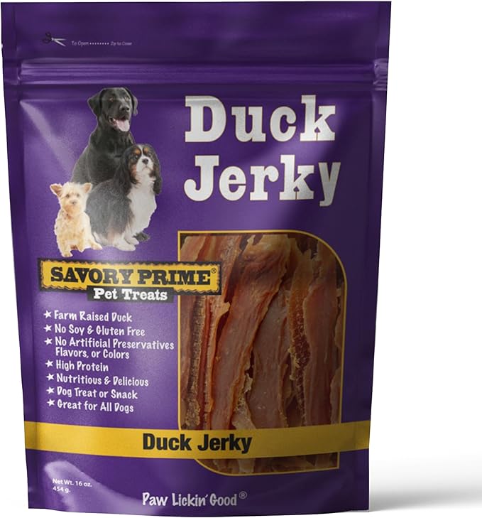 Savory Prime Duck Jerky Dog Treats, Made with 100% Real Duck Breast, Farm Raised, Healthy, Easily Digestible, High Protein, Satisfies Dog's Urge to Chew, 1 Pound (Pack of 1)