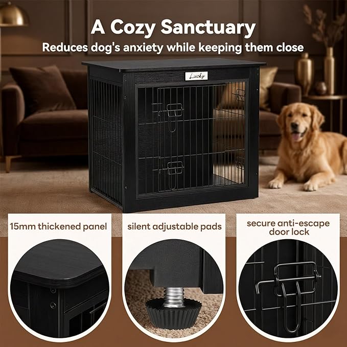 Black Dog Crate Furniture with Reversible Side Door, Wooden Indoor Dog Kennel for Small Medium Dogs, End Table Dog Crate with Double Locks, Heavy Duty Steel Mesh Furniture Style Dog Cage
