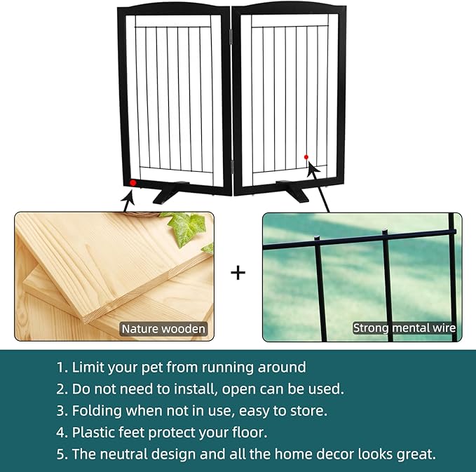ZJSF Freestanding Dog Fence Indoor, Foldable Dog Gate for Doorways, Stairs or Hallways, Sturdy Wood Extra Wide Pet Gate with Support Feet for The House, Black, 32 "Height-2 Panels