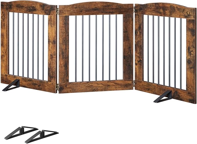 HOOBRO Indoor Dog Gate with Support Feet, Freestanding Pet Gate for Doorway, Stairs, 24 Inch 3 Panels, Folding Dog Fence, 360° Hinge for Easy Access, Sturdy Iron Pipe, Rustic Brown BF05PP03