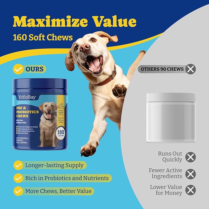 Probiotics for Dogs - 6 Billion CFUs, Dog Probiotics with Prebiotics & Digestive Enzymes for Gut, Immune & Skin Health - Turkey & Pumpkin Flavor, 180 Soft Chews