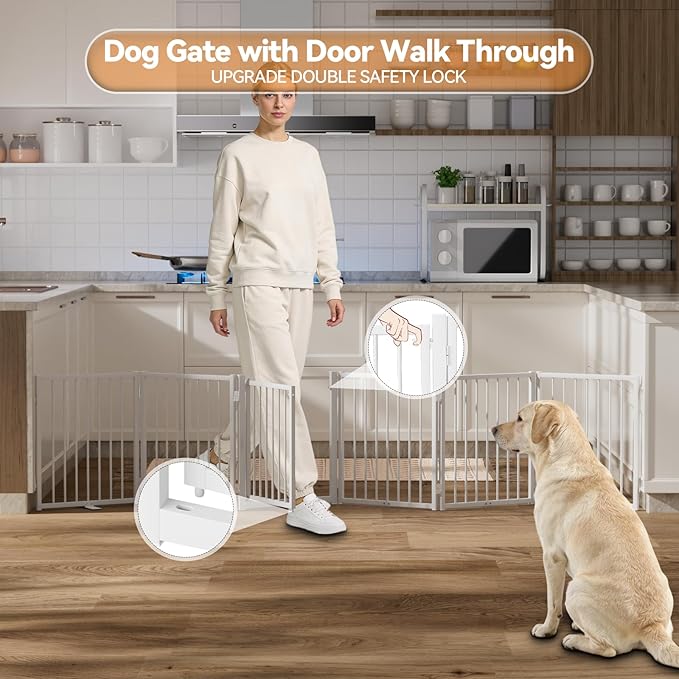 SNUOWU Full Metal Freestanding Dog Gate with Door, 24'' Height Foldable Pet Dog Fence for Indoor & Outdoor, 6 Panels Extra Wide Free Standing SmallDog Gates for Doorways,House,Stairs,Porch,Deck,Yard