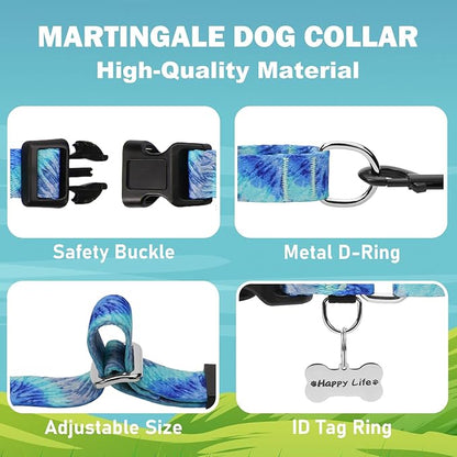 Martingale Collar with Buckle Blue Tie Dye Training Collar Adjustable Nylon Boy Dog Collars (Blue Teal, Medium)