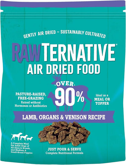 RawTernative Air Dried Dog Food, High Protein, Over 90% Real Lamb, Organs, & Venison + New Zealand Green Mussels, Complete Meal or Topper, Grain Free, Gluten Free, Non GMO, (5 lb Bag)
