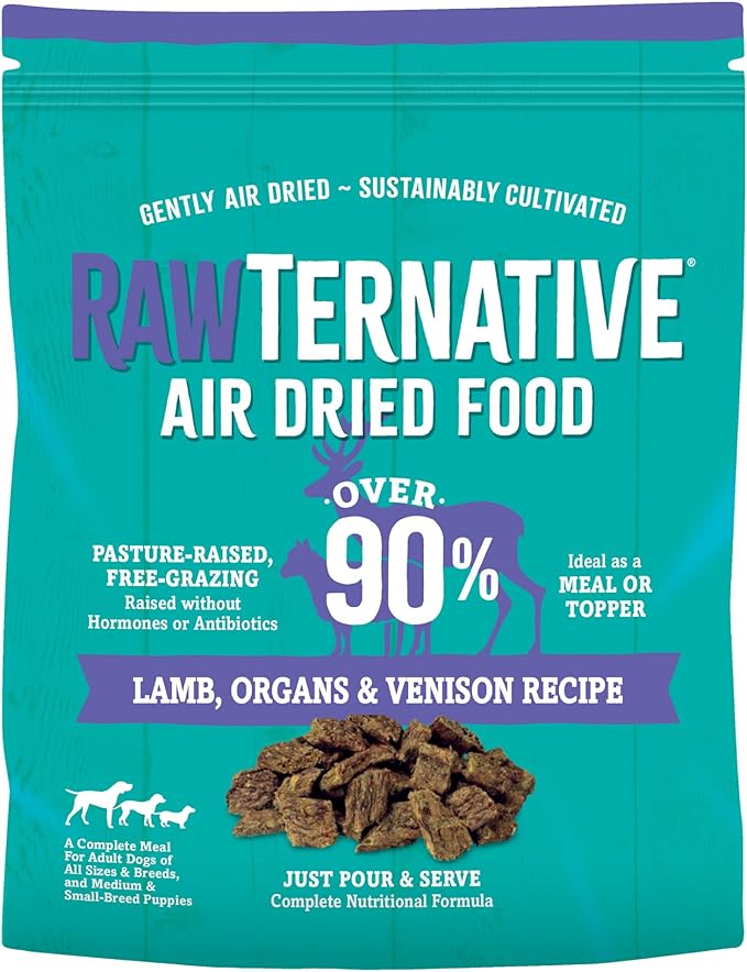 RawTernative Air Dried Dog Food, High Protein, Over 90% Real Lamb, Organs, & Venison + New Zealand Green Mussels, Complete Meal or Topper, Grain Free, Gluten Free, Non GMO, (5 oz Bag)