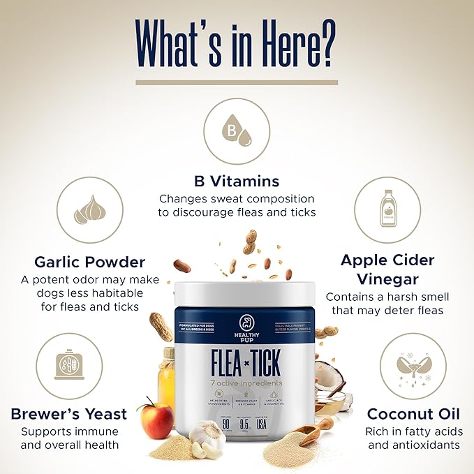 Flea and Tick Prevention for Dogs, Chewable – 90 Peanut Butter Flavored Soft Chews – Made with B Vitamins, Garlic Powder, Brewers Yeast, Coconut Oil, and Apple Cider Vinegar