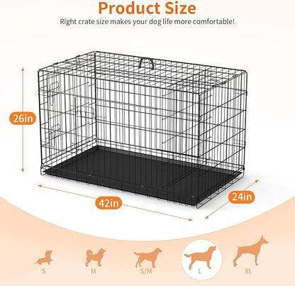 FDW Dog Crate 42-Inch Dog Cage Single Door Foldable Metal Kennel with Leakproof Tray Foldable Design Indoor Outdoor Use for Large Dogs,Dark Black