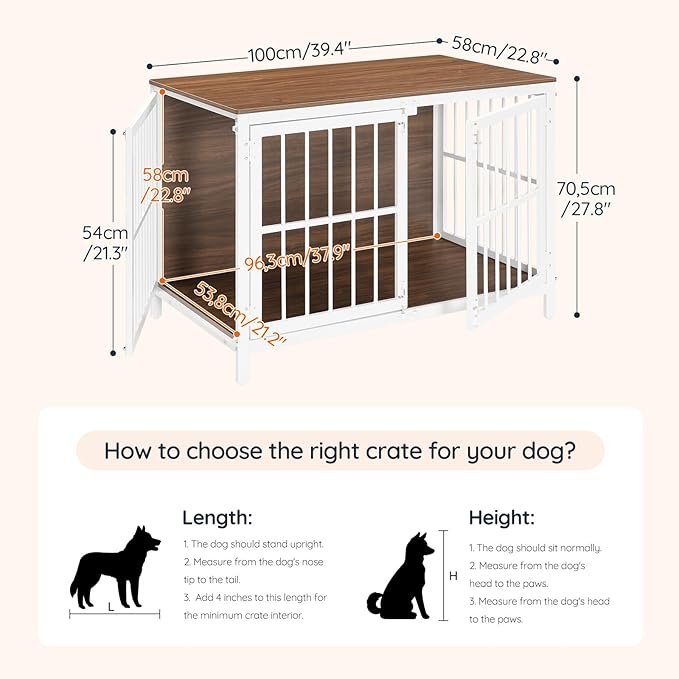 HOOBRO Heavy Duty Dog Crate Furniture, 39.4" Wooden Indoor Kennel with 3 Doors, Chew Resistant Metal Cage for Medium and Large Breeds, Dog Crate Side Table, White and Walnut WH101GW03