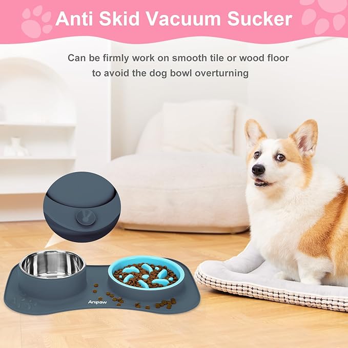 Anipaw Slow Feeder Dog Bowls 3 in 1 Stainless Steel Dog Food and Water Bowls with Non-Spill and Non-Skid Silicone Mat to Slow Down Eating for Large Medium Small Breed Size Dogs and Cats