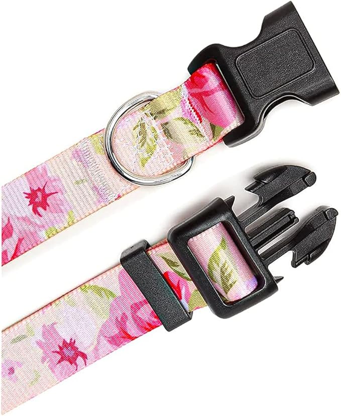Mihqy Dog Collar and Leash Set with Bohemia Floral Tribal Geometric Patterns - Soft Ethnic Style Collar Adjustable for Small Medium Large Dogs(Pink Rose Set,M)