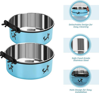 Dog Crate Bowls Hanging No Spill, 2 Pack Dog Crate Water Bowl, Kennel Food Bowls Mountable for Crates, Large Stainless Steel Pet Cage Accessories Feeder Coop Cup Dish for Puppy Bunny Guinea Pig Ferret