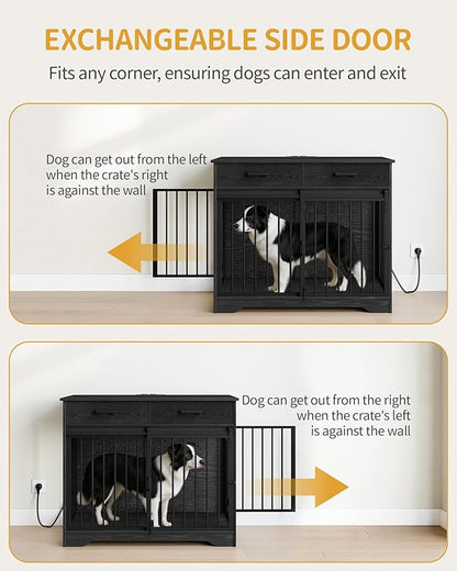 Hzuaneri 38.2'' Dog Crate Furniture with Charging Station, Barn Door Dog Kennel Indoor with 2 Storage Drawers, Wooden Pet Cage End Side Table for Medium/Large Dogs, Chew-Proof, Black DFC90304B
