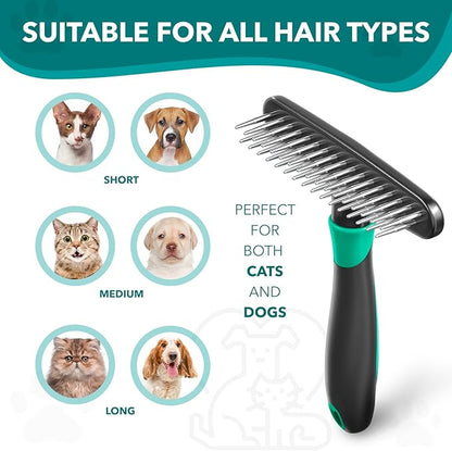 DOGI Deshedding Brush Comb - Undercoat Rake for Dogs, Cats, Short, Long Hair Coats - Double Row Stainless Steel Pins - Reduce Shedding by 90% (Green)