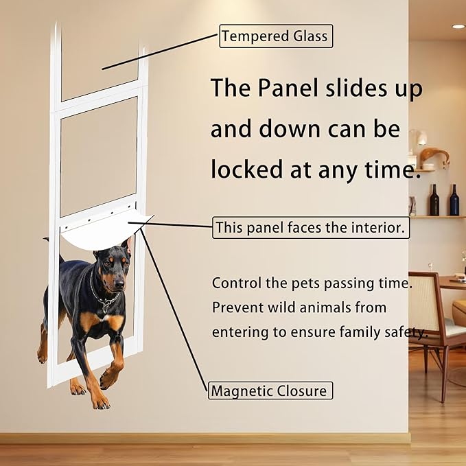 Large Sliding Glass Dog Door Adjustable Height 92.9" to 96.4" Panel with Rotating Screws Suitable for Raised Sliding Glass Door Ideal for Pet Owners