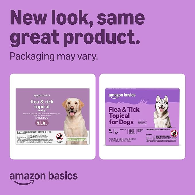 Amazon Basics Preventative Flea and Tick Topical Treatment for Dogs, Large (45-88 lbs), Fast Acting and Long Lasting, 6 Counts, Packaging May Vary