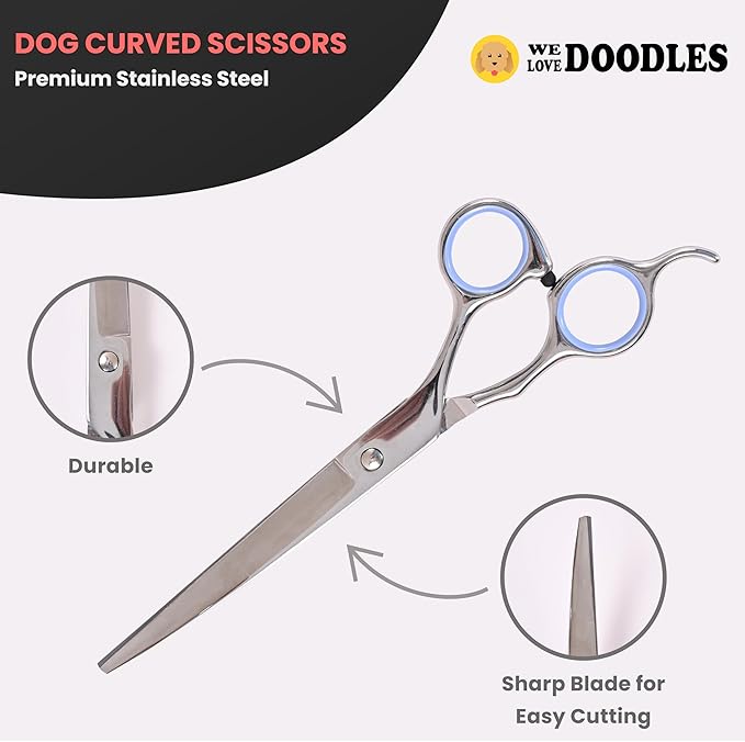 Dog Grooming Scissors Kit - Best Tools for Goldendoodles & Poodles- Straight, Curved & Thinning Shears - Golden Doodle Grooming Professional Grade Stainless Steel, 4 Pc Set (Long Silver)