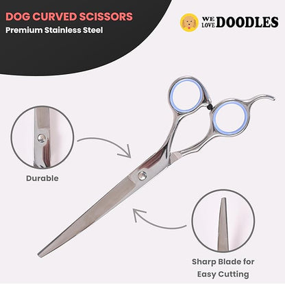 Dog Grooming Scissors Kit - Best Tools for Goldendoodles & Poodles- Straight, Curved & Thinning Shears - Golden Doodle Grooming Professional Grade Stainless Steel, 4 Pc Set (Long Silver)