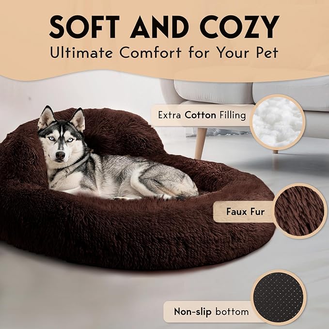 PetJett Dog Beds Large Sized Dog - 36'' Calming Round Bed, Anti-Slip & Washable Super Soft Donut Bed, Fluffy Faux Fur Anti-Anxiety Premium Comfort Pet Bed, Fits Dogs up to 80 lbs - Brown