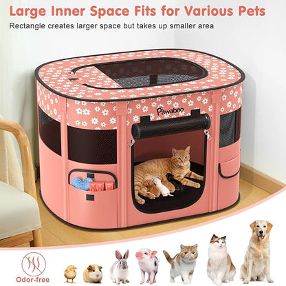 Dog Playpen, Portable Pet Cat PlayPen, 600D Oxford Dog Kennel Tent Crate, Breathable&Waterproof, Outdoor Indoor Travel Camping for Medium/Large Breed with Carrying Case+Bowl, L, Light Pink Flowers
