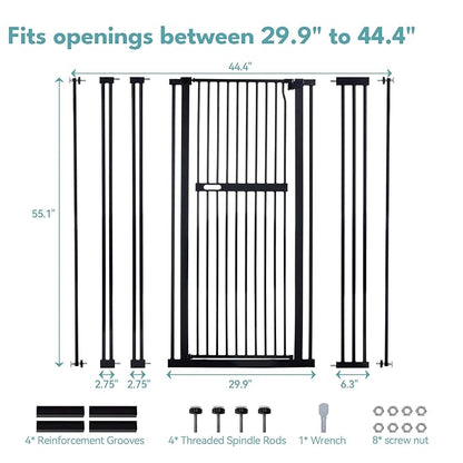No Pawblems 55.1" Extra Tall Pet Gate for Cat/Dog, 29.9-44.4" Wide Auto Close Tall Cat Gate, NO Drilling Pressure Mounted for Doorways/Hallways, 1.37" Narrow Bar Spacing, Black