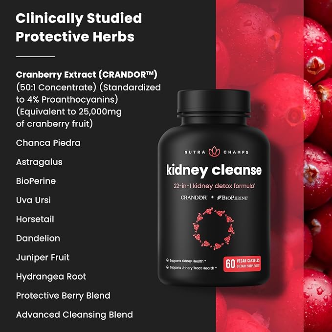 Kidney Cleanse Detox | 22-in-1 Kidney Support Supplement | 25,000mg Cranberry Pills Extract | Extra Strength Repair & Flush Premium Formula | Urinary Tract Health for Women & Men | 60 Vegan Capsules