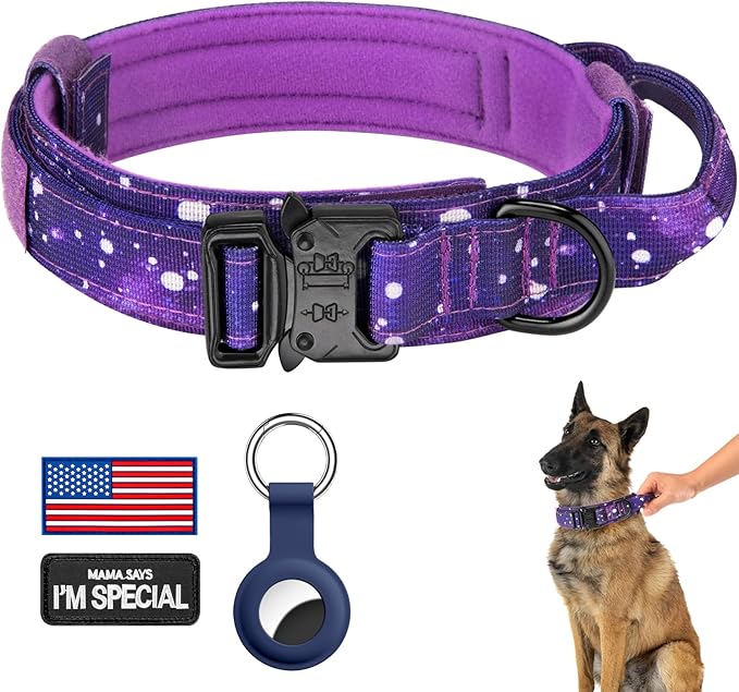 DAGANXI Tactical Dog Collar, Adjustable Military Training Nylon Dog Collar with Control Handle and Heavy Metal Buckle for Medium and Large Dogs, with Patches and Airtags Case (S, Purple Sky)