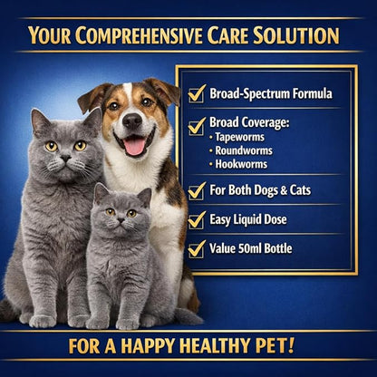 De-wormer for Cats and Dogs, Broad Spectrum Pet Wormer with Pyrantel Pamoate and Praziquantel Targets Tapeworm, Roundworm, and Hookworm, Easy Formula