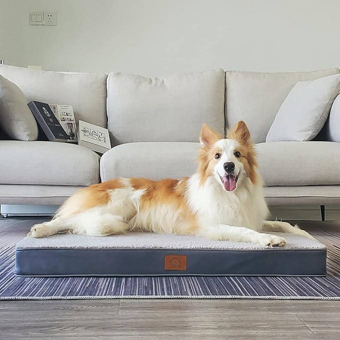 Sunheir Extra Large Orthopedic Dog Bed for Big Dogs - XXL Waterproof Dog Bed with Removable Washable Cover & Anti-Slip Bottom, Crate Bed, Deluxe Plush Pet Bed Mat (Grey)