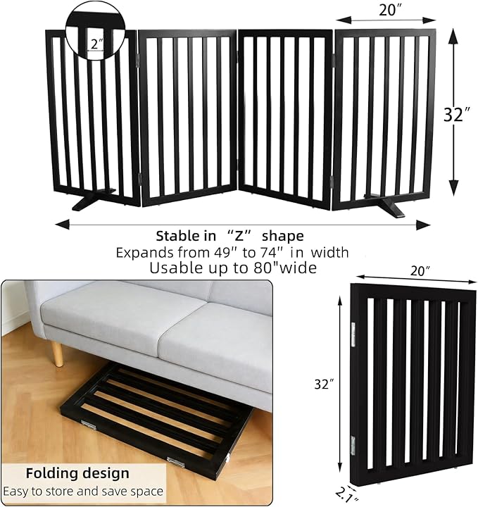 ZJSF Freestanding Indoor Dog Gate for House Foldable Wood Puppy Gate for Doorways Pet Gate for Stairs Extra Wide Pet Fence, Black, 32" Height 4 Panels