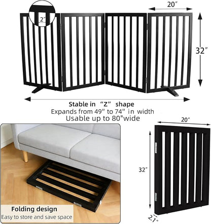 ZJSF Freestanding Indoor Dog Gate for House Foldable Wood Puppy Gate for Doorways Pet Gate for Stairs Extra Wide Pet Fence, Black, 32" Height 4 Panels