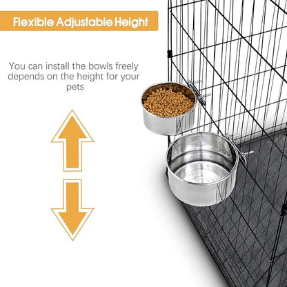 2 Pcs Large Pet Dog Food Water Bowl for Cage Stainless Steel Non-Spill Kennel Hanging Cats Bowls with Clamp Holder Crate Feeder Dish for Medium Large Dogs Huge Pets (7.1x2.5'' & 6.3x2.4'')