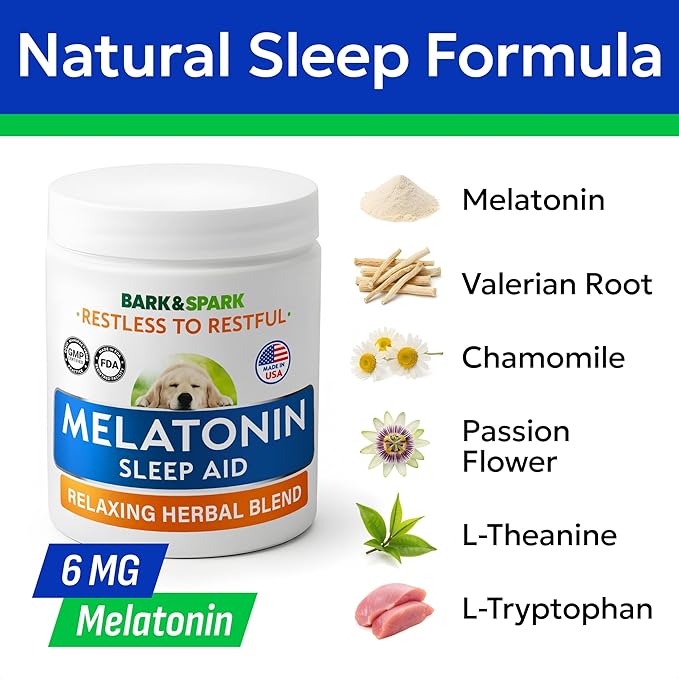 BARK&SPARK Calming Melatonin for Dogs Sleep - 6mg Melatonin Chews for Small & Large Dogs Calm Aid - Calming Treats for Stress Anxiety Relief - Melatonin Chewable Pills & Tablets Puppies - Bacon
