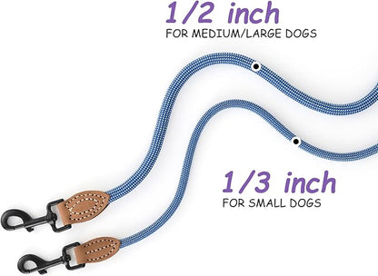 Mile High Life Small Dog Leash, Thin Rope Leash with Genuine Leather Connection and Heavy Duty Metal Clasp, Great for Small Medium Dogs(Blue White,60 Inch-1/3)