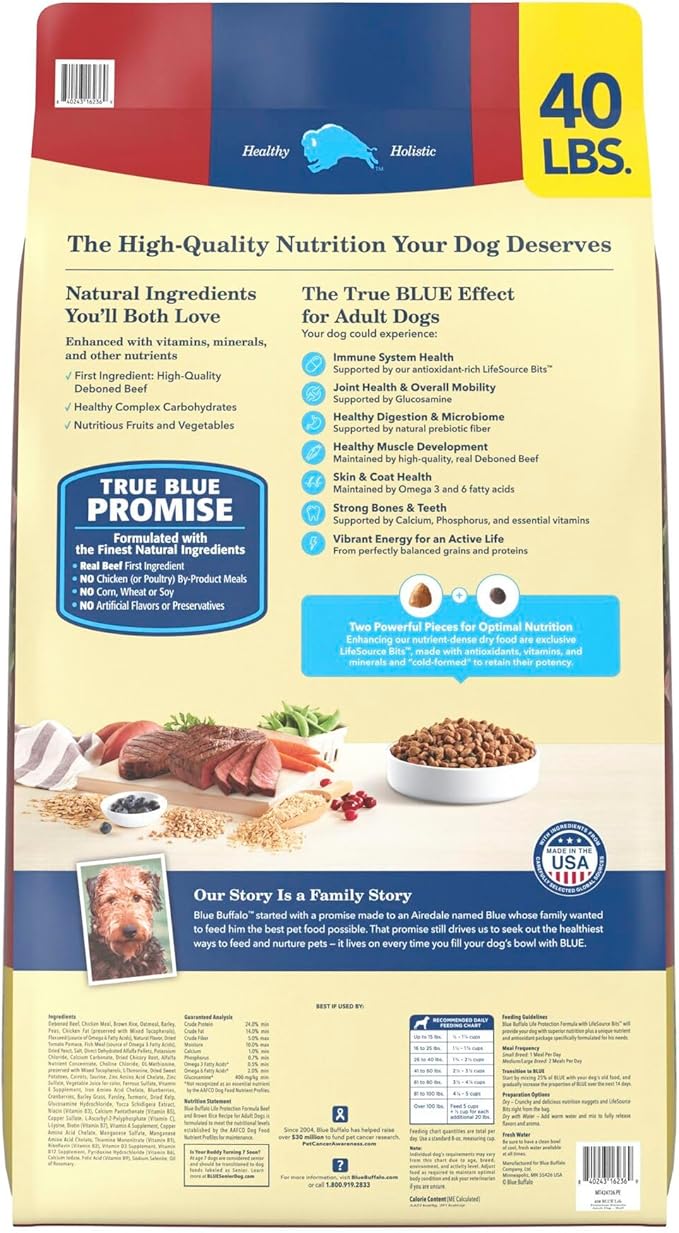 Blue Buffalo Life Protection Formula, Adult Dry Dog Food, Made with Natural Ingredients, Beef & Brown Rice, 40lb Bag