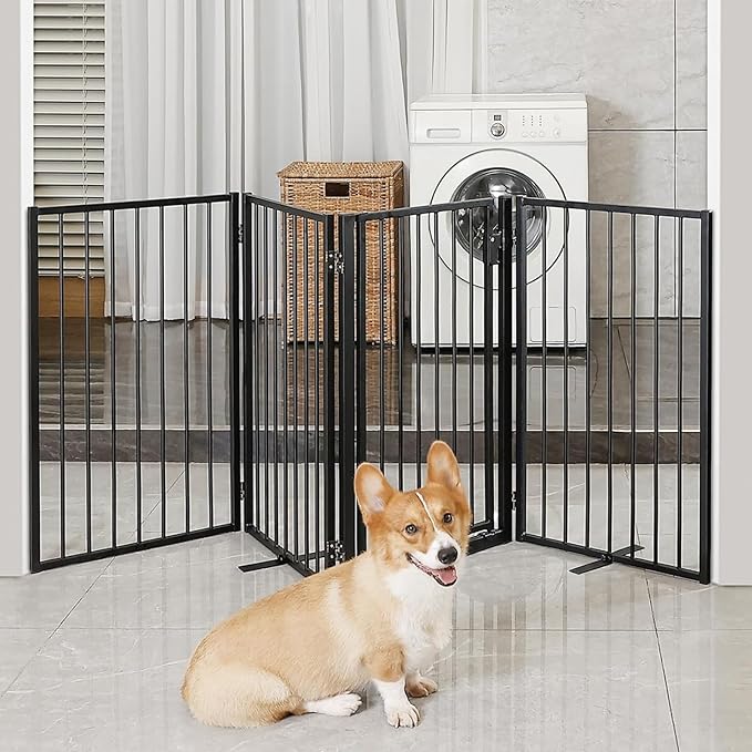Metal Freestanding Dog Gates with Door for Outdoor Indoor,80'' Extra Wide 36'' Tall Free Standing Dog Gate for Doorways,Large Openings,Deck,Yard,Porch,Foldable Safety Pet Fence(Black,4 Panels)