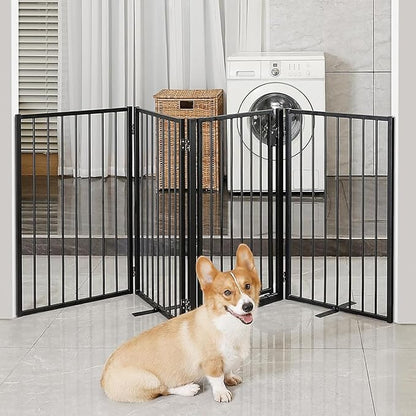 Metal Freestanding Dog Gates with Door for Outdoor Indoor,80'' Extra Wide 36'' Tall Free Standing Dog Gate for Doorways,Large Openings,Deck,Yard,Porch,Foldable Safety Pet Fence(Black,4 Panels)